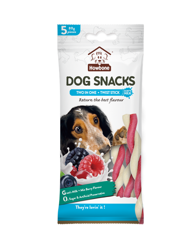 HOWBONE - DOG SNACKS TWO IN ONE·TWIST STICK·Goat’s Milk+ Mix Berry Flavour 80g